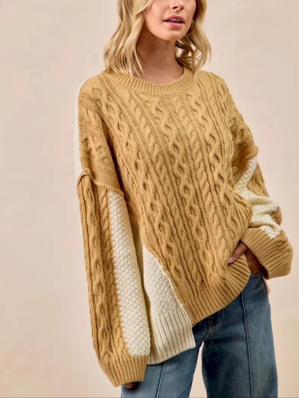431.BIBI Cozy Two-Tone Cable Knit Oversized Sweater - Cream & Tan